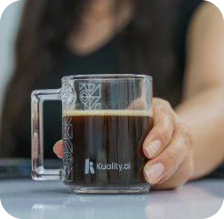 Coffee in a Kuality AI glass mug
