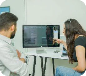 Reviewing a design together on a large monitor